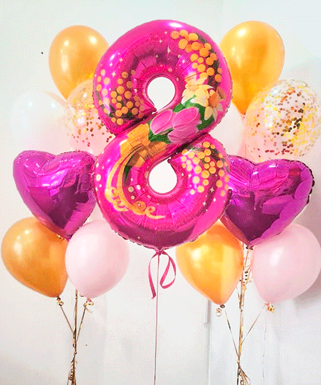 №12.9 Оформление шарами на 8 марта 4600р.: два фонтана по 10 шаров и цифра