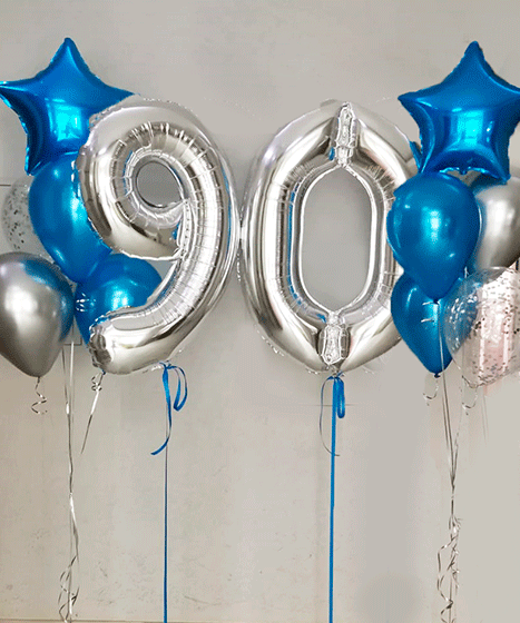 №17.89 Шары на юбилей 90 лет 4200р.: два фонтана по 5 шаров и цифры. Цифры любые, цвет шаров любой
