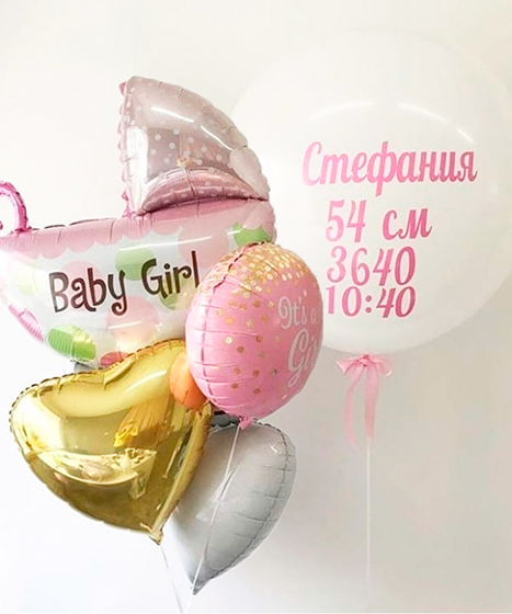 №15.45 Шары на выписку 3300р.: 2 сердца, круг, коляска и шар 60-70см с метрикой