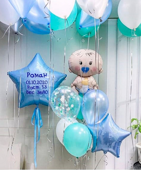 №15.65 Оформление шарами на выписку - 5650 руб.: 15 шаров под потолок, звезда 75см с любой надписью и фонтан из 8-и шаров